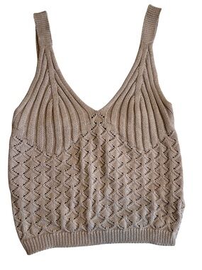 Streetwear Society Tan Crochet Knit Crop Tank Top Boho Cottagecore V-Neck Small